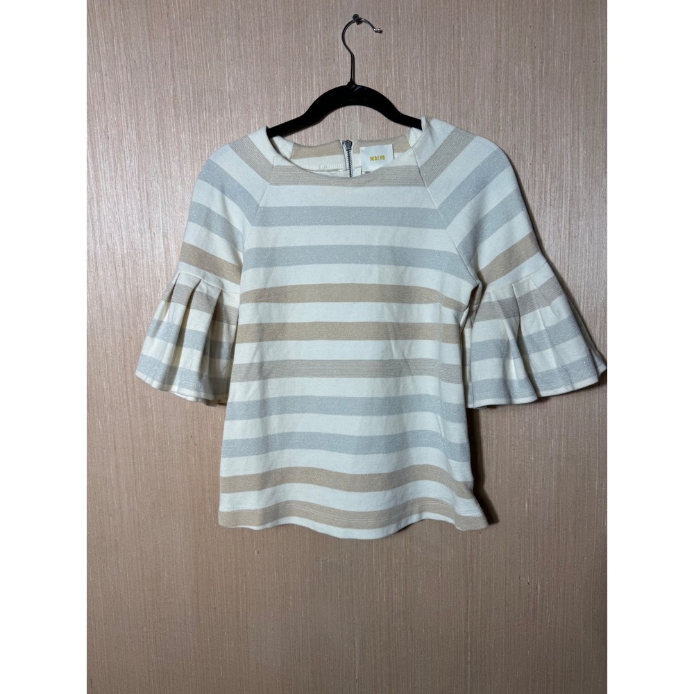 Maeve Anthropologie Striped Bell Sleeve Metallic Knit Top Cream Tan Silver XS